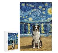 1000 PCS Puzzle For Adults Border Collie Dog on Beach with Starry Night Jigsaw for Adults Relax Games Staycation Kill Time Deal As Gifts for The Whole Family 1000 PCS