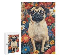 1000 PCS Puzzle For Adults Pug in A Flower Field Pug Surrounded by Blooms Dog Wall Art Print Jigsaw for Adults Relax Games Staycation Kill Time Deal As Gifts for The Whole Family 1000 PCS