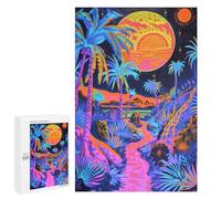 1000 PCS Puzzle For Teenagers Glow in Dark Neon Palm Trees Adult Jigsaw Puzzles Difficult Hard Challenging To Complete Challenging Family Fun Game 1000 PCS