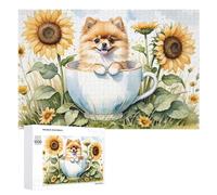 1000 PCS Puzzles for Adults Cute Pomeranian in Cup with Sunflowers Jigsaws for Adults Relaxing Games Presents for Women Unique Gifts for Birthday And Christmas 1000 PCS