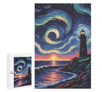 1000 PCS Teenagers Pieces Jigsaw Puzzle Lighthouse at Sunset with Swirling Sky Teenagers Puzzles Toy Wall Decor Presents for Women Gifts for Friends And Family 1000 PCS