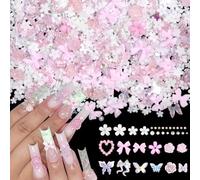 1000 Pcs White Flower Nail Charms, 3D Tiny Flowers Charms for Acrylic Nails Mixed Pink Bows Butterfly Petal Nail Art Charms, Caviar Beads and Half Nail Pearls for Manicure Nail Accessories
