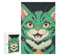 1000 PCS Woode Puzzles for Aldult, Personalized Wooden Puzzles for Family Games, Funny Anime Green Cat Jigsaw Puzzle with Box for Gift, Lightweight Puzzle Piece for Beginner