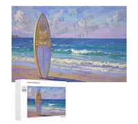 1000 pcs Wooden Puzzle for Adults - Surfboard in Sunset Beach Scene - Relaxing Ocean Puzzle Gift for Surfers and Beach Lovers