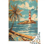 1000-Piece Adult Jigsaw Puzzle, Beach Lighthouse Palm Tree Art Print, 38x26cm/1000pcs; for Relaxed Evenings at The Table; White Pieces for Organised Sorting