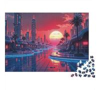 1000-Piece Adult Jigsaw Puzzle, Future City Sunset Neon Lights, 52x38cm/1000pcs, A Calm After-work Activity; White Cardboard with Reduced Dust