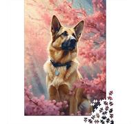 1000-Piece Adult Jigsaw Puzzle, German Shepherd Cherrytree, 52x38cm/1000pcs; A Quiet Indoor Pastime at Home; White Cardboard for Simple Sorting