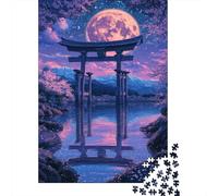 1000-Piece Adult Jigsaw Puzzle, Moonlit Torii Path, 52x38cm/1000pcs, for Calm Hands-on Time after Work; White Pieces with A Smooth Surface
