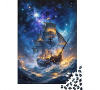 1000-Piece Adult Jigsaw Puzzle, Pirate Ship Ocean Waves, 52x38cm/1000pcs, White Pieces with A Smooth Surface; for Quiet Focus at Your Own Pace