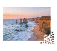 1000-Piece Adult Jigsaw Puzzle, Twelve Apostles at Sunset, Australia, 52x38cm/1000pcs; Easy to Continue on Another Evening; Low-dust White Cardboard Pieces