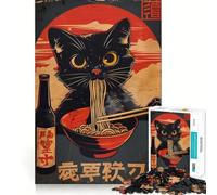 1000 Piece Adult Puzzles Black Cat Ramen Poster Neat Edge Decor, Mind Exercise Toy, Easy Time Fun, Christmas Art Display (38x26cm)