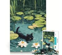 1000 Piece Adult Puzzles Black Cat Swimming in Lily Pond Neat Edge Decor, Mind Exercise Toy, Easy Time Fun, Christmas Art Display (38x52cm)