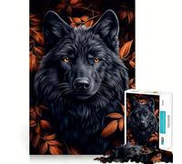 1000 Piece Adult Puzzles Black Wolf Portrait with Autumn Leaves Neat Edge Decor, Mind Exercise Toy, Easy Time Fun, Christmas Art Display (38x52cm)
