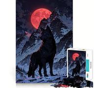 1000 Piece Adult Puzzles Black Wolf Under Red Moon Neat Edge Decor, Mind Exercise Toy, Easy Time Fun, Christmas Art Display (50x75cm)