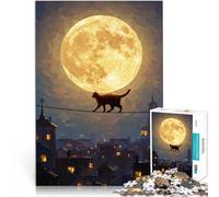 1000 Piece Adult Puzzles Cat on a Wire, Full Moon Herausforderndes Spielspielzeug Geburtstagsgeschenk, Geschenke, Wandkunst38x26cm