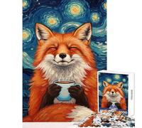 1000 Piece Adult Puzzles Fox Enjoying Coffee Under Starry Night Practical Game Analysis And Logic Anti-Stress Toys Suitable for Desktop Decoration (75X50CM)