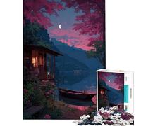 1000 Piece Adult Puzzles Lakeside Cabin at Night Fun Activities at Home Wall Art Relaxing Games Suitable for People Aged 14 And Above (38x52cm)