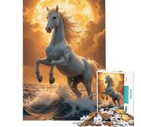 1000 Piece Adult Puzzles White Horse Rearing in Ocean Waves for Educational Game Challenge Toy Educational Games A Work of Art Art Work Gifts (Size 38x26cm)