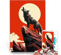 1000 Piece Adult Puzzles Wolf Howling at the Moon Red Sky Minimalist Art Illustration Analyse und Logik für Heimdekoration52x38cm