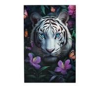 1000 Piece Adults Wooden Jigsaw Puzzle,Blue-Eyed White Tiger with Purple Flowers,Colorful Butterflies,Fantasy Artwork,Great for Relaxation and Display for Puzzle Enthusiast