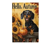 1000 Piece Adults Wooden Jigsaw Puzzle,Smiling Black & Tan Dachshund with Hello,Autumn Sign,Sunflowers,Pumpkin & Fall Leaves,Rustic Wooden Fence,Harvest Art for Home Decor