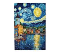 1000 Piece Adults Wooden Jigsaw Puzzle,Starry Night Sky with Swirling Clouds,Riverside Village & Glowing Houses,Oil Painting Style,Stress Relief Game,Gift for Family and Friends