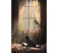 1000 Piece Aesthetic Cat Puzzle Cat Reading on Bed in Dreamy Sunbeam,Moody Floral Window Scene Jigsaw