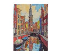 1000 Piece Amsterdam Canal Puzzle for Adults Colorful Dutch Architecture with Tower and Boats,Watercolor Style Jigsaw