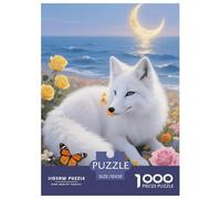 1000 Piece Arctic Fox Jigsaw Puzzle for Adults - Challenging & Brainteasing, Crescent Moon Sea of Flowers Puzzles, Decoration Unique Gift 70x50cm/1000pcs