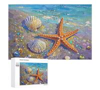 1000 Piece Beach Puzzle - Starfish and Shells Golden Printed - Elegant Wooden Puzzle for Adults Seeking Mindful Relaxation and Coastal Vibes