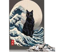 1000 Piece Black Cat Great Wave Jigsaw Puzzles for Adults Teenagers Wood Puzzles Wooden Puzzles Jigsaw Puzzles for Adult 1000pcs (75x50cm)