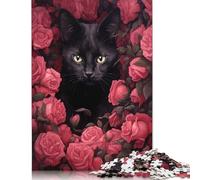 1000 Piece Black Cat Hiding Roses Creative Square Jigsaw Puzzles for Adults & Wooden Puzzles Educational Toys 1000pcs (75x50cm)