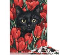 1000 Piece Black Cat In Tulips Square Puzzles for Adults, Wooden Puzzles Toy Wall Decor 1000pcs (75x50cm)