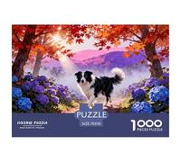 1000 Piece Border Collie Jigsaw Puzzle for Adults Kids - Family-Friendly Brain Teaser, Hydrangea Woods Puzzles, Decoration Birthday Gifts 70x50cm/1000pcs