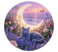 1000 Piece British Blue Cat Jigsaw Puzzle for Adults - Family-Friendly Brain Teaser, Crescent Moon with Flowers Puzzles, Home Decoration Birthday Gifts 1000pcs (67.5x67.5cm)