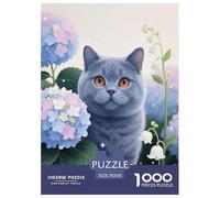 1000 Piece British Blue Cat Jigsaw Puzzle for Adults Kids - Family Fun, Educational Games, Hydrangea Garden Jigsaws, Home Decoration Unique Gift 70x50cm/1000pcs