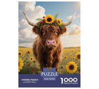 1000 Piece Brown Highland Cow Jigsaw Puzzle for Adults Kids - Family Fun, Educational Games, Sunflower Field Jigsaws, Decoration Birthday Gifts 70x50cm/1000pcs