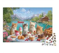 1000 Piece Cats Jigsaw Puzzle for Adults, Eco-Friendly Paper, A Delightful Picnic Scene with Curious Cats by The Lake Indoor Leisure Wall Decor Gift, 38x26cm/1000pcs