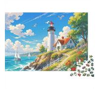 1000-Piece Coastal Lighthouse Jigsaw Puzzle with Sailboats | 70x50cm Coastal Lighthouse Scene, Bright Sea-and-Sky Blues, Shared Puzzle Sessions, Landmark-Based Assembly, 1000