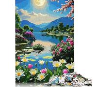 1000 Piece Floral Lake Landscape with Moon Jigsaw Puzzles for Adult Teenagers Wooden Puzzle Jigsaws for Adults Jigsaw Puzzles for Adults 1000pcs (75x50cm)