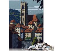 1000 Piece Fribourg City Pixel Art Square Jigsaw Puzzles for Adults, Wooden Puzzles Educational Game for Children 1000pcs (75x50cm)