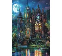 1000 Piece Gothic Castle Puzzle for Adults Fantasy Mansion with Stained Glass Windows Under Moonlit Forest Sky