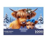 1000 Piece Highland Cow And Calf Jigsaw Puzzle for Adults Kids - Challenging Game, Pine Tree Snow Puzzle, Decoration Birthday Gifts 38x26cm/1000pcs