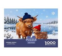 1000 Piece Highland Cow And Calf Jigsaw Puzzle for Adults Kids - Challenging Game, Snowy Lakeside Jigsaws, Home Decoration Gifts 70x50cm/1000pcs
