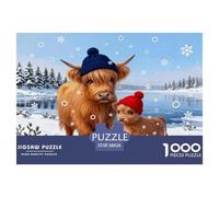 1000 Piece Highland Cow And Calf Jigsaw Puzzle for Adults Kids - Challenging Game, Snowy Lakeside Puzzle, Home Decoration Gifts 38x26cm/1000pcs