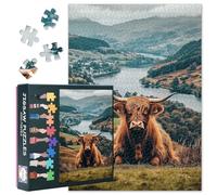 1000 Piece Highland Cow Jigsaw Puzzle Vibrant Countryside Landscape Rolling Hills Panorama Farm Animal Art Premium Paper Puzzle Nature Lover's Wall Decor Scottish Highlands Scene 27.5x19.7 Inches