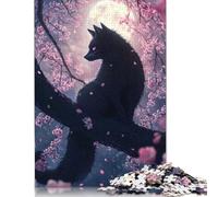 1000 Piece Japanese Black Fox Kitsune Cat in Cherry Blossoms Puzzles for Adults & Paper Puzzles Educational Puzzle Family Game 38x26cm/1000pcs