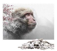 1000 Piece Japanese Macaque Portrait with Floral Overlay Square Jigsaw Puzzles for Adults, Paper Puzzles Learning Educational Toy 38x26cm/1000pcs