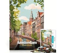 1000 Piece Jigsaw Amsterdam Netherlands Canal Cityscape Illustration Fine Edge Craft Logic Puzzle Play Leisure Game Time Birthday Fun Gift (38x26cm)