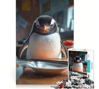 1000 Piece Jigsaw Angry Penguin at The Table, Hands-on Game, Train Your Brain And Hands, with Fully Interlocking Randomly Shaped Pieces 38x52cm